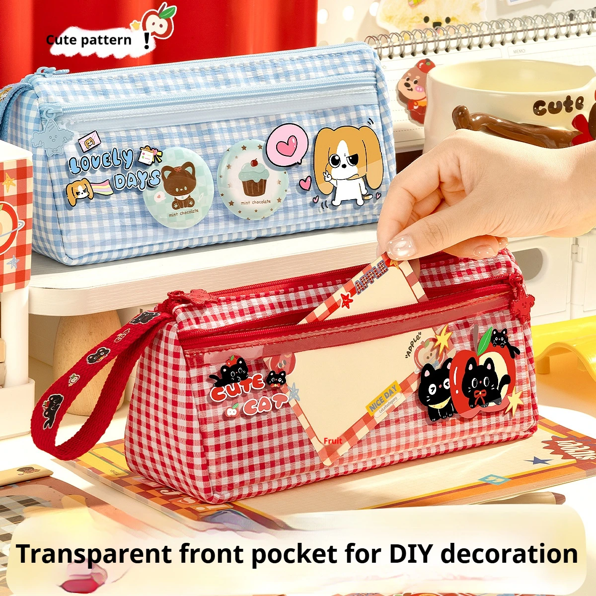 1 Piece of Randomly Selected Style: Cute Wavy Pattern Plaid Student Triangle Pencil Case, Stain-Resistant, Multi-Compartment, Portable Stationery Pencil Case, Suitable for Students and Office Use, Portable and Large Ca
