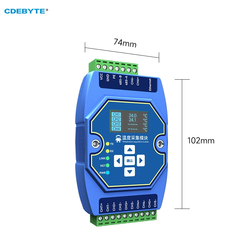 Temperature Acquisition Module 6-way Type K Thermocouple CDEBYTE ME31-XEXX0600 Ethernet RS485 With OLED Display Screen Modbus