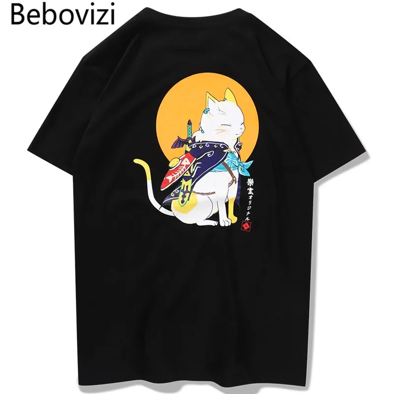 Cute Japanese Samurai Ronin Cat T-Shirt New 100% Cotton Summer Short Sleeve O-Neck Harajuku Casual Mens T-shirt Streetwear