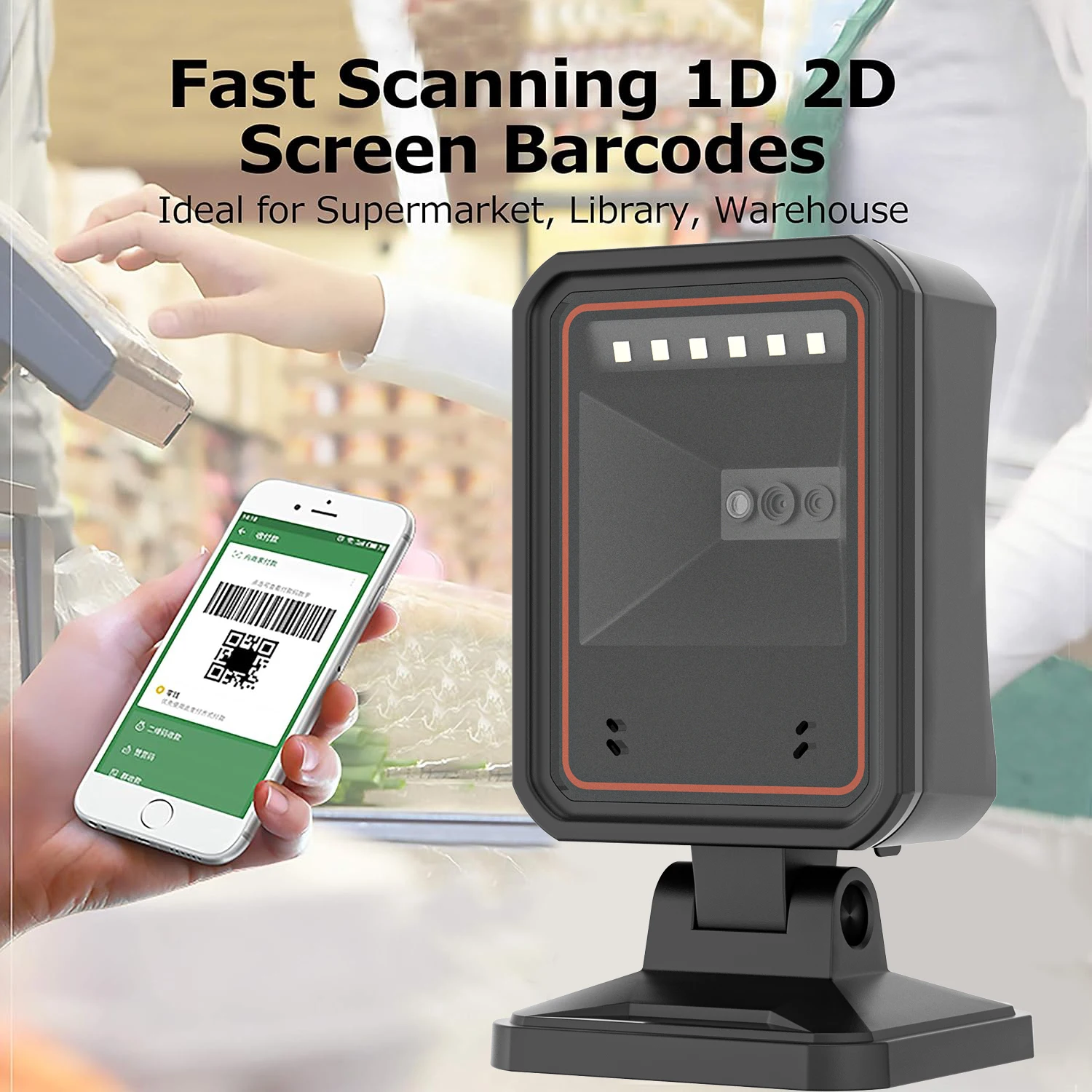 Automatic Omnidirectional Desktop Barcode Scanner, Hands-Free USB Wired QR Barcode Reader for Warehouse Store