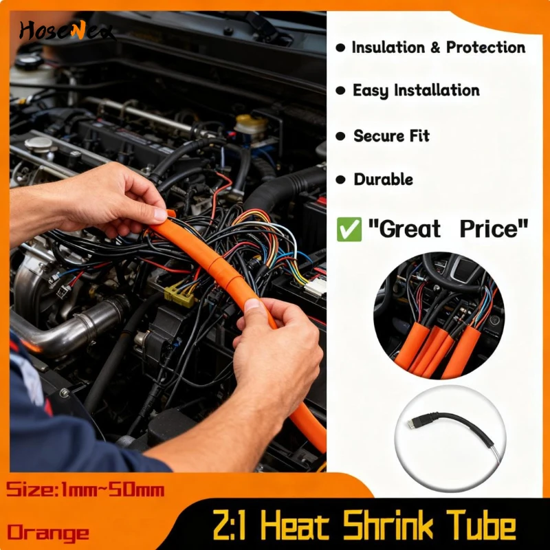 

Heavy-Duty Polyolefin Heat Shrink Tubing 2:1 Ratio & 1-50mm Size for A Secure Seal on Cable Joints Wires DIY Insulation Orange