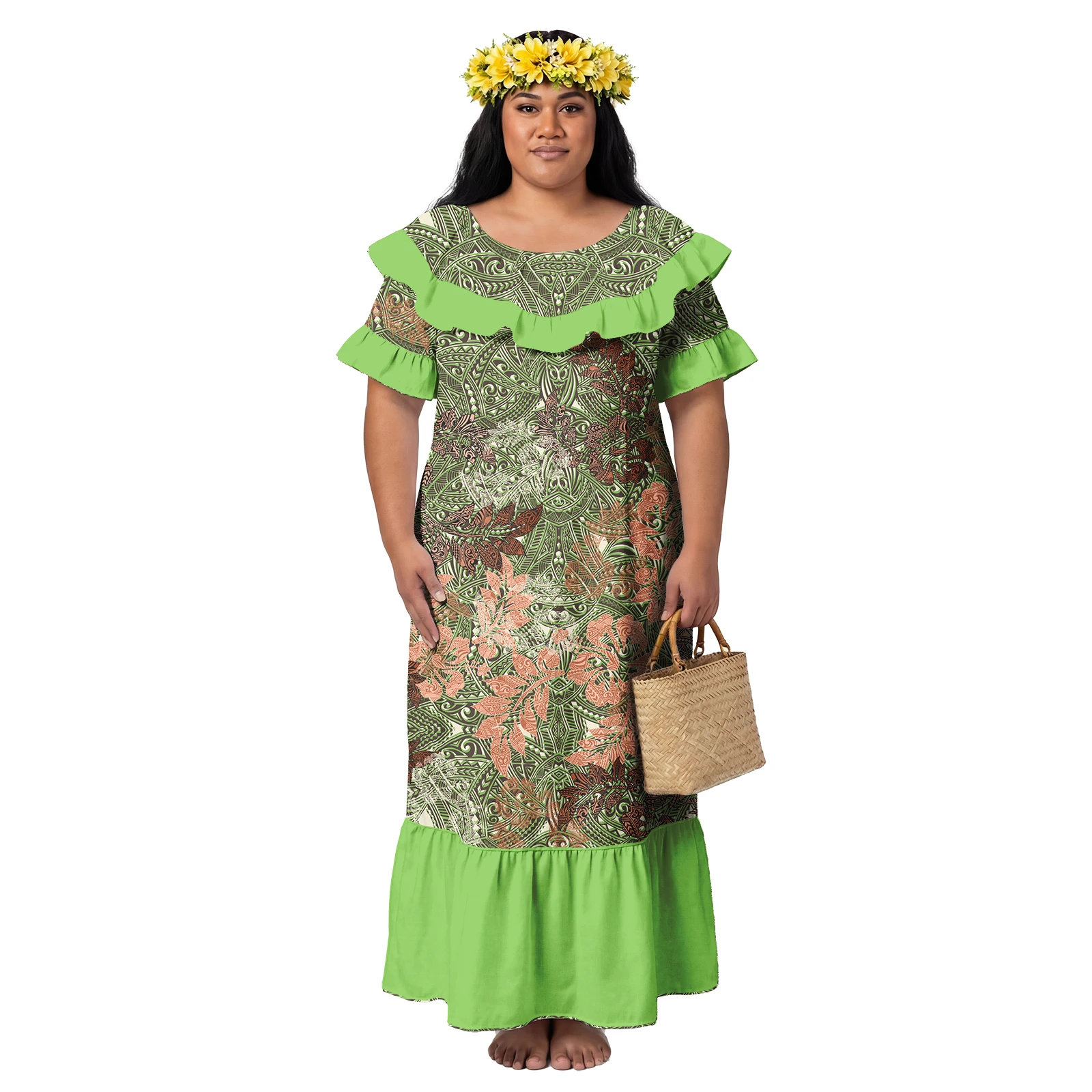 High Quality Women Wear Hawaiian Classic Tropical Pattern Dress Samoan Polynesian Tribal Design Ruffles Collar Ladies Dresses