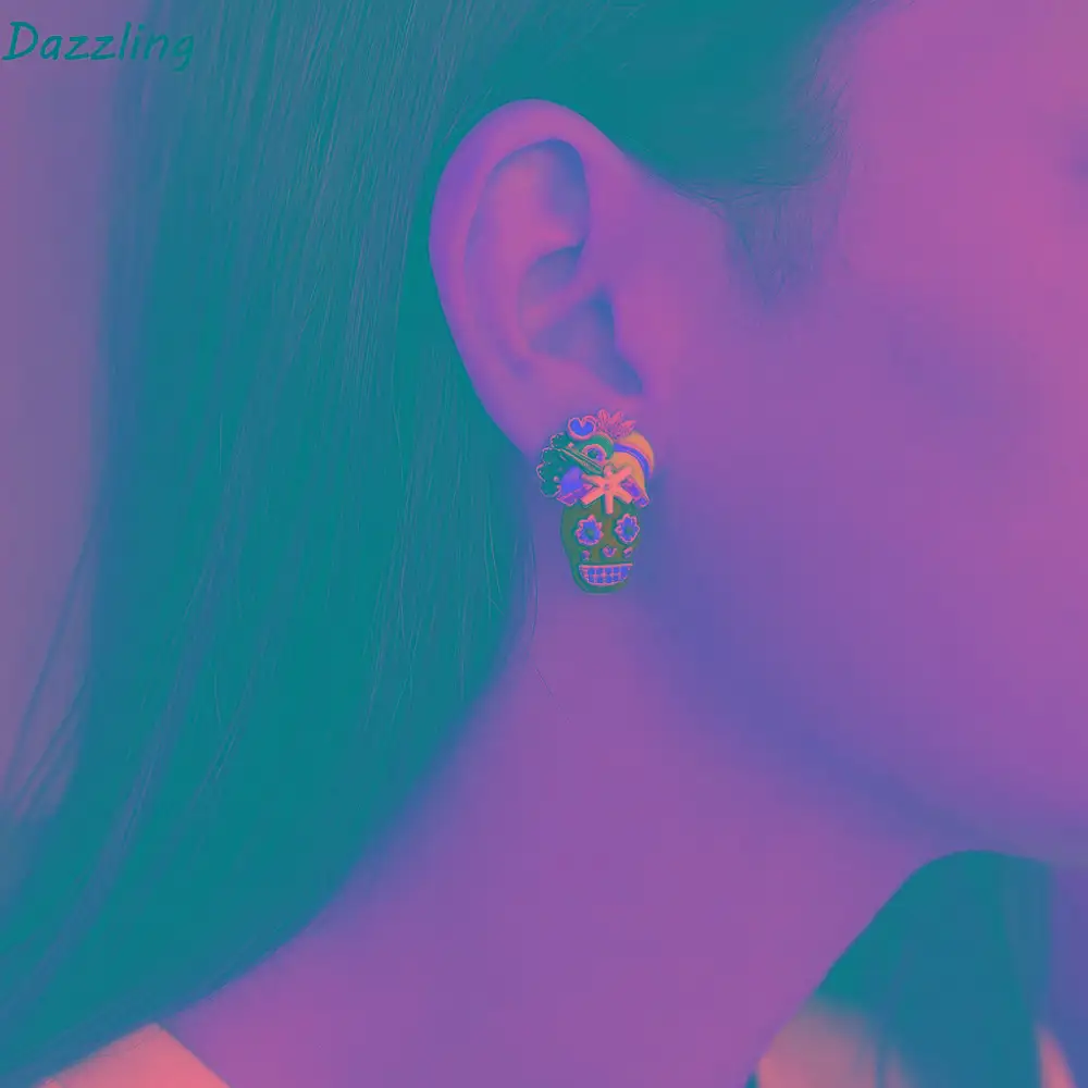 

Personality Dripping Oil Skull Earrings Flower Dripping Oil Vintage Earring Rhinestone Jewelry Enamel Skeleton Stud Earrings