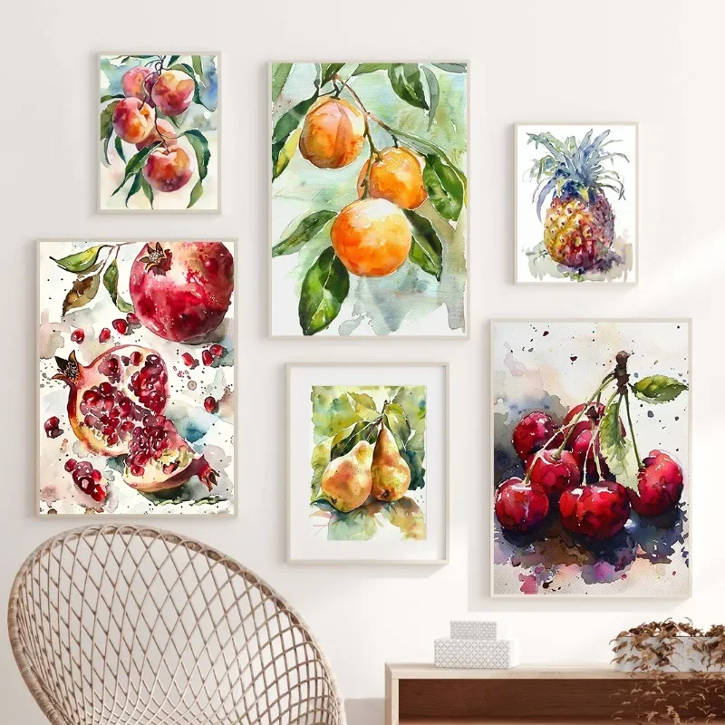 Multiple sizes 1pc frameless Canvas Painting Kitchen Fruit Pineapple Peache Pear Watercolor Posters and Prints Canvas Paintings
