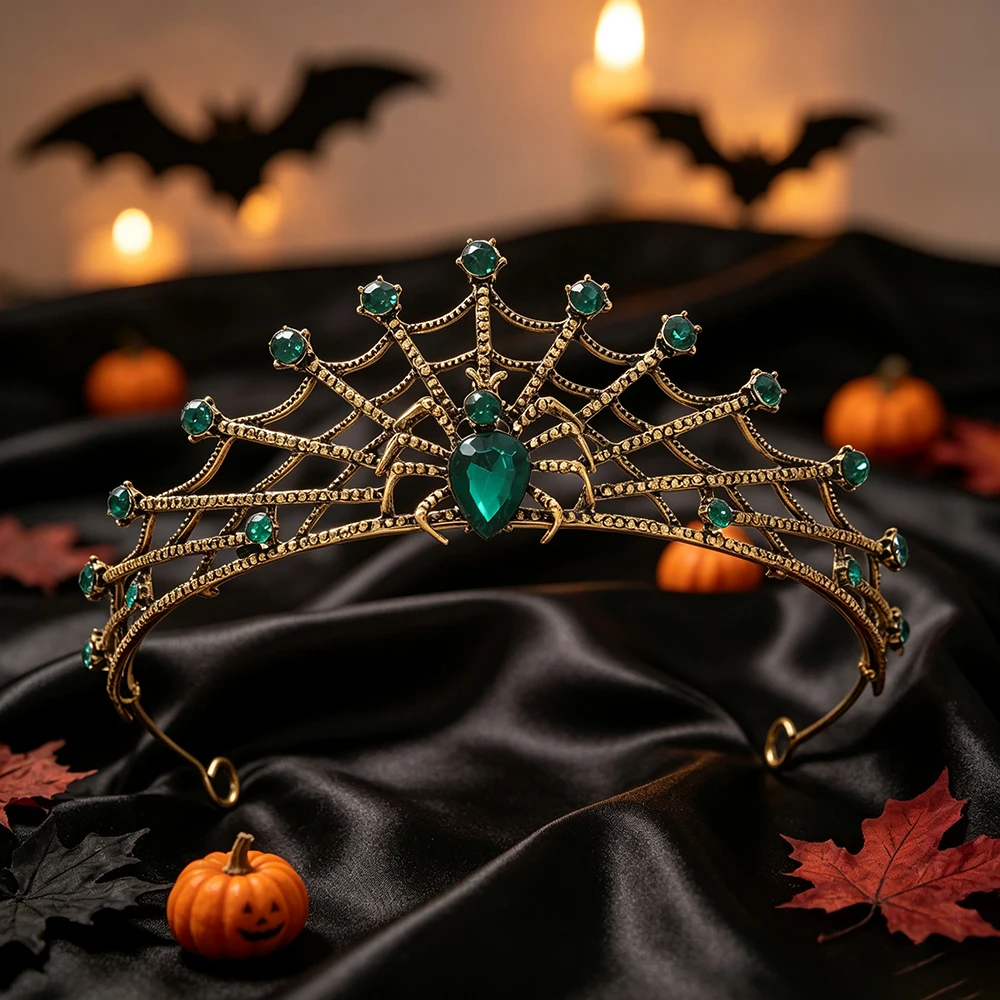 Halloween Gothic Spider Web Tiara Crystal Vintage Gold Crown Women Witch Vampire Cosplay Party Queen Headpiece Hair Accessories view 5