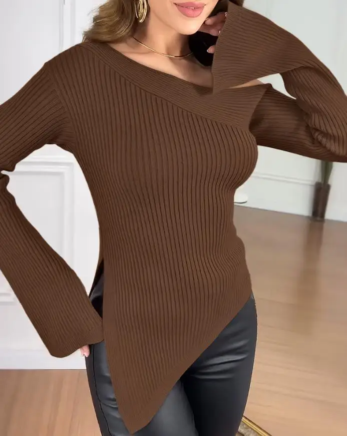

Slim Fit Ribbed Skew Neck Split Sleeve Asymmetrical Hem Sweater Top for Women Fashionable Casual Style