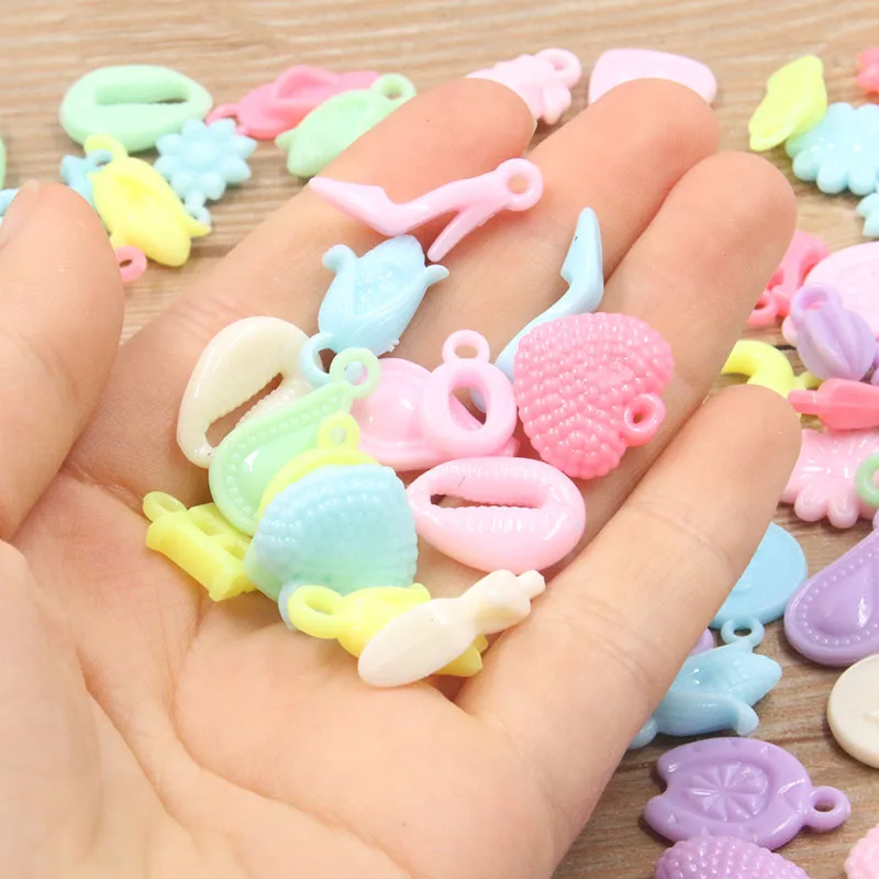 50Pcs 14Style Cheap Candy Color Heart Flower Letter Plastic Acrylic Charm For DIY Necklace Bracelet Children Jewelry Making