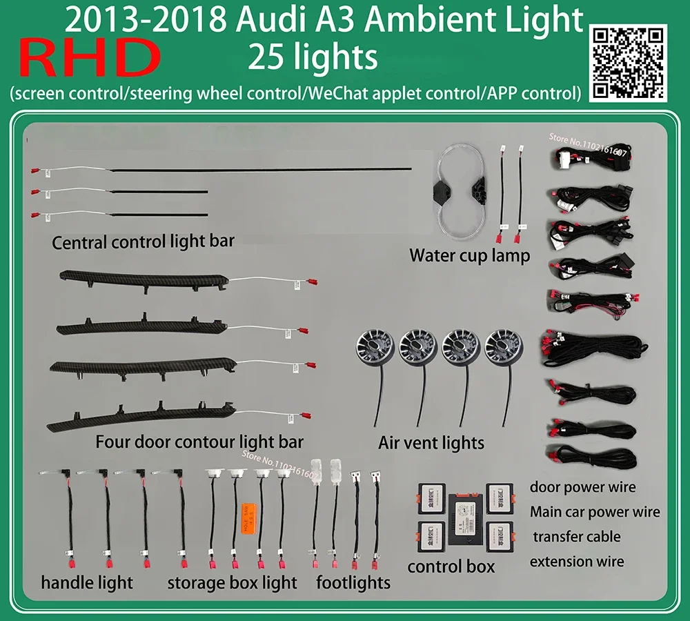 Ambienteverlichting voor Audi A3 8V 8Y S3 RS3 2013-2021 LHD RHD dashboard ventilatieopening decoratieve LED sfeerverlichting RGB voetverlichting 30-kleuren