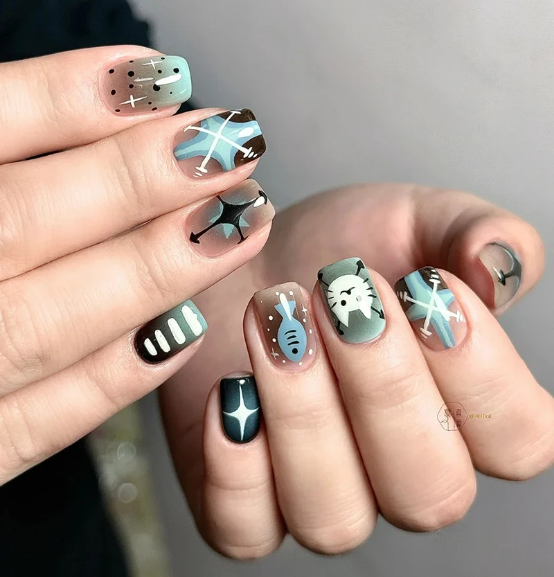 5D Embossed Nail Art Decals Blue Coffee Cute Cats Bears Stars Hearts Nails Stickers Decorations For Manicure