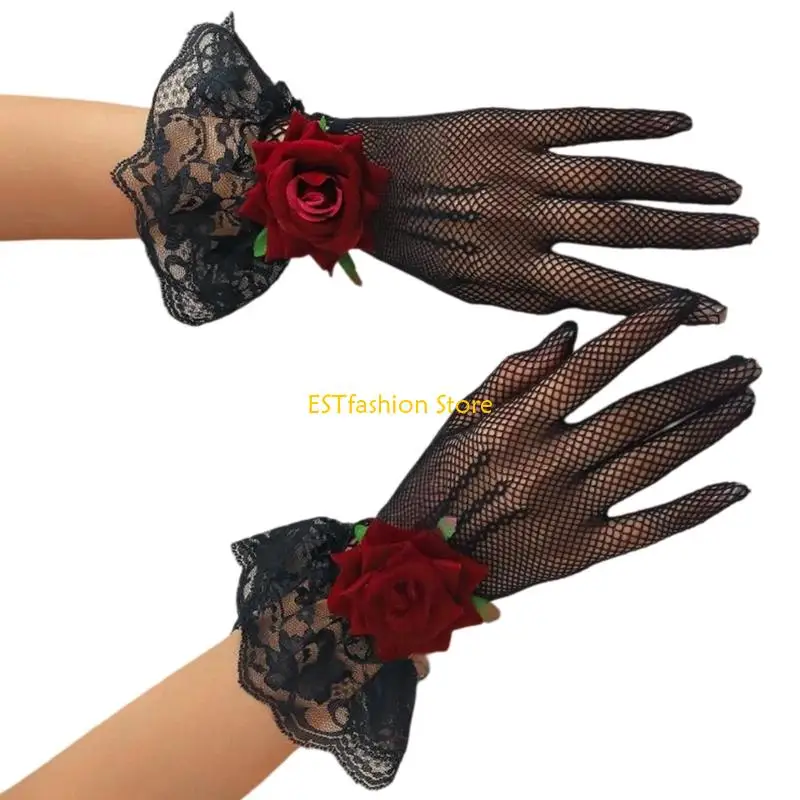 Y5GC Women's Short Lace Gloves Wedding Bridal Gloves Fashion Halloween Cosplay Gloves for Evening Operas Party Prom
