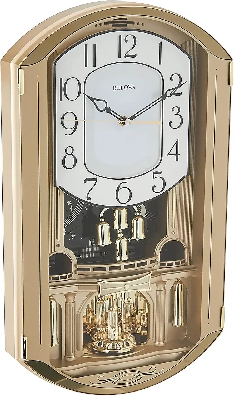 

Настенные часы C4900 Golden Music: золотистый корпус, вращающийся хрустальный маятник, 12 мелодий, регулируемая громкость, ночное отключение