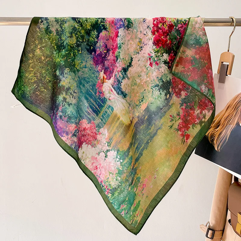 Garden Painting Square Scarf for Women All Season Headband Hairband Bag Accessories Neck Wrap Gift Korean Style Elegant Daily