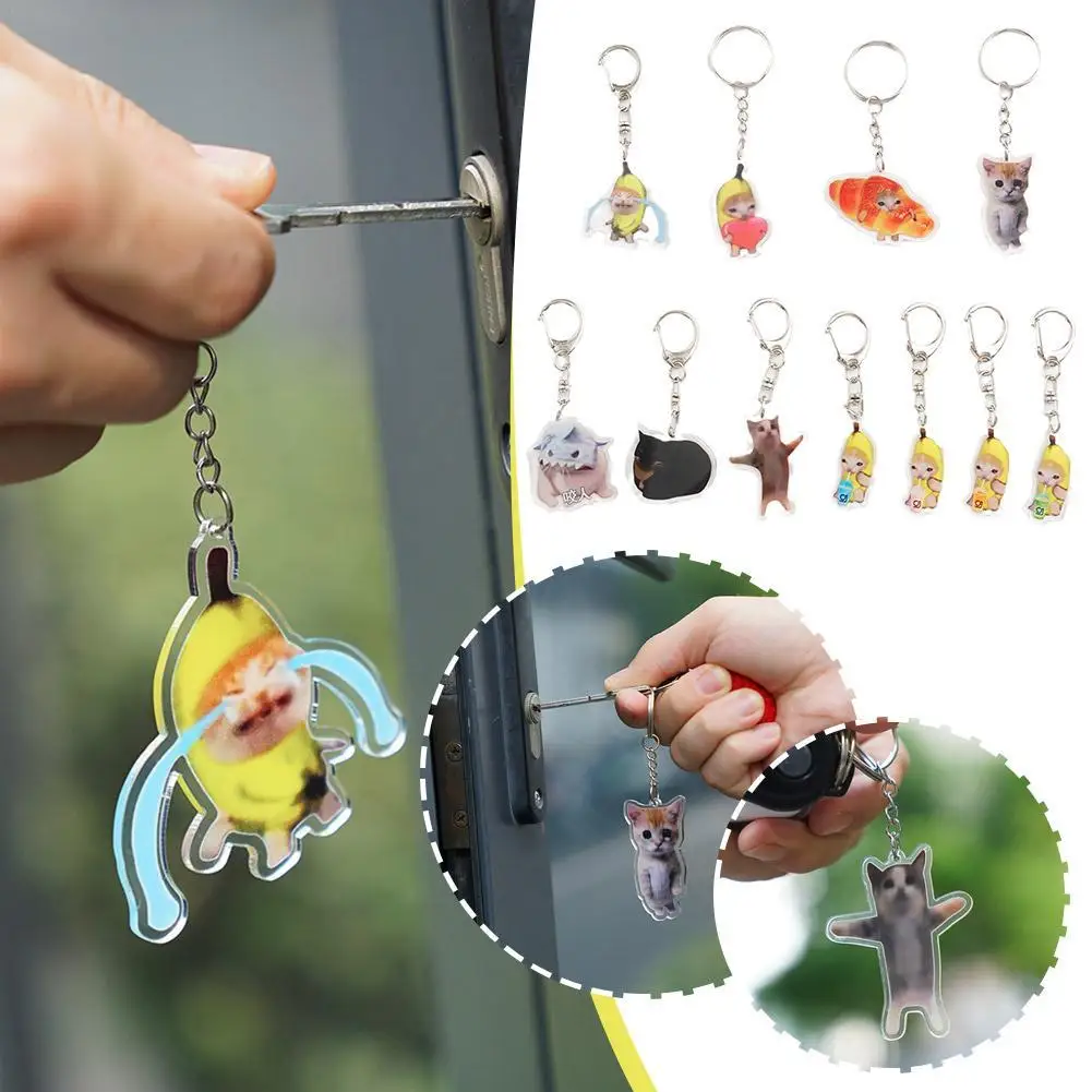 1Pc Or Set Happy Banana Cat Pendant Keychain Spooky And Popular Backpack Pendant Key Pendant Quirky Design Humorous Parts