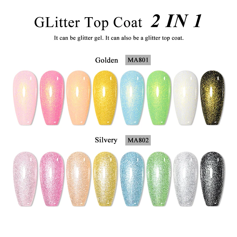 7ml 2 IN 1 Gold Silver Glitter Top Coat Gel Nail Polish Semi Permanent Soak Off UV Gel Varnish Can Be Applied On Any Color Base