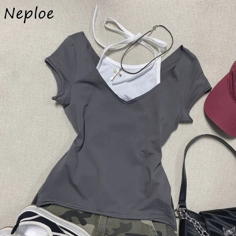 Neploe 2025 New Moda Trendy Luxury Commuter T-shirt Elegant Y2K Fairycore Vintage Crop Top Fake Two Pieces Goth Sexy Ropa Mujer