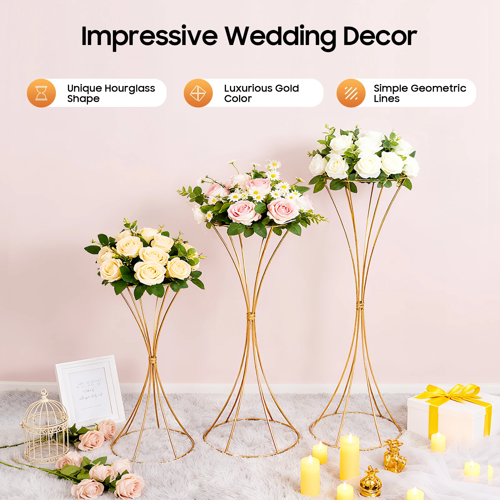 

Набор из 3 золотых подставок для цветов в форме песочных часов, отдельно стоящие, для оформления свадебных дорожек, вечеринок и дома