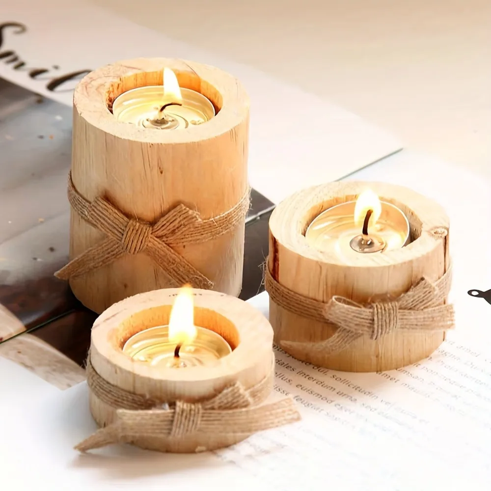 3pcs Wooden Wishing Candle Holder Set Candle Stand Decoration Suitable for Gifts Home Decoration Rural Style Wedding Party Table