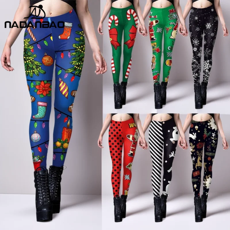 

NADANBAO Christmas Lights Leggings Women Candy Cane 3D Print Pants Holiday Party Santa Pattern Trousers Snowflake Sexy Tights