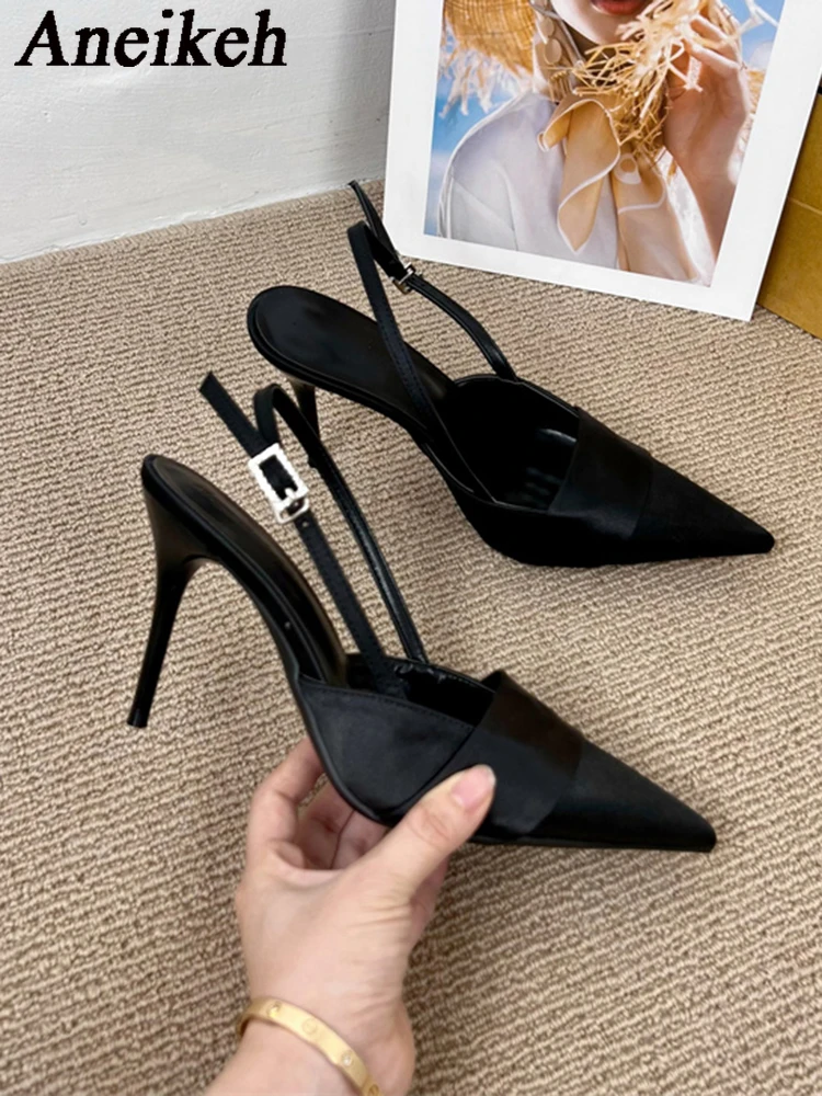Aneikeh seksowne szpiczaste palce z jedwabiu czółenka na pasku kobiet letnie biuro damskie wygodne sandały na obcasie eleganckie szpilki Stiletto