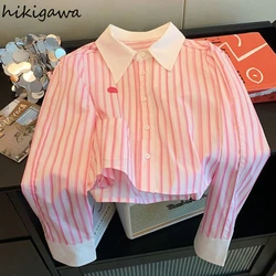 Pink Striped Womens Tops Long Sleeve Temperament Blouses 2024 Blusas Mujer De Moda Fashion Casual Summer Cropped Shirts Blouse