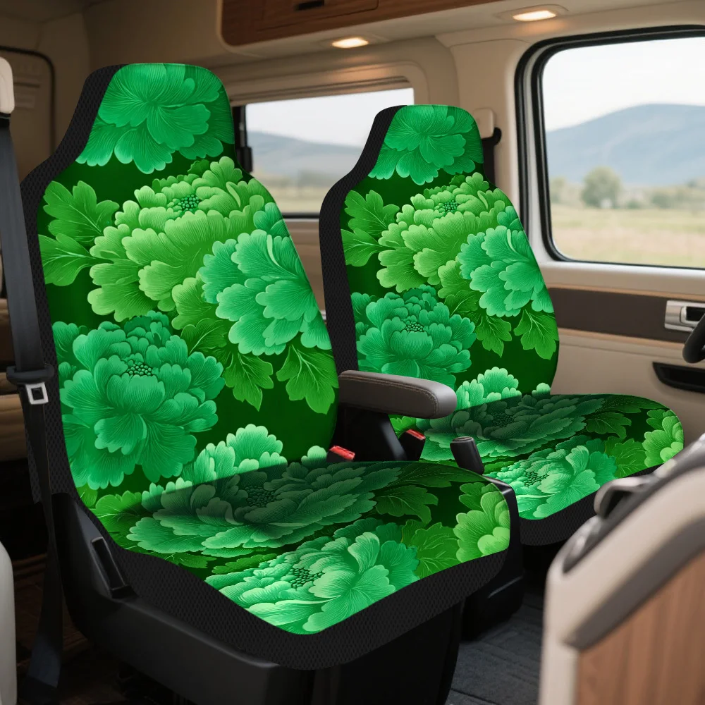 Set Of 2 Green Floral Design Covers For Front Car Seats, Compatible With Various Vehicles, Offering Robust And Fashionable Prote