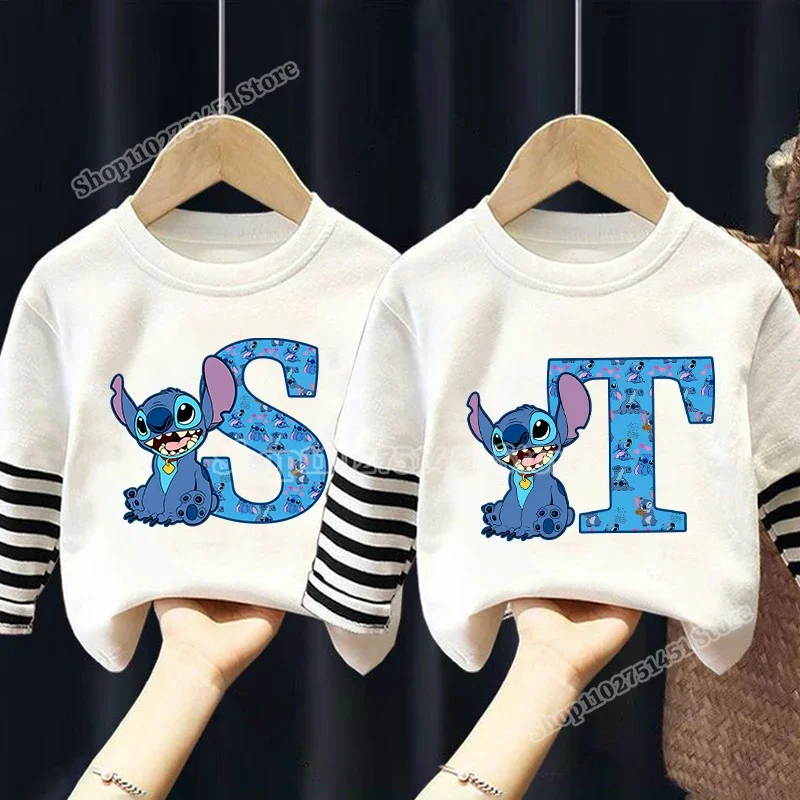 Cartoon Disney Stitch Letter A-Z Print T-shirt for Kids Striped Sleeves Tops Fake Two Piece Clothes Boys Girls Boutique Clothing