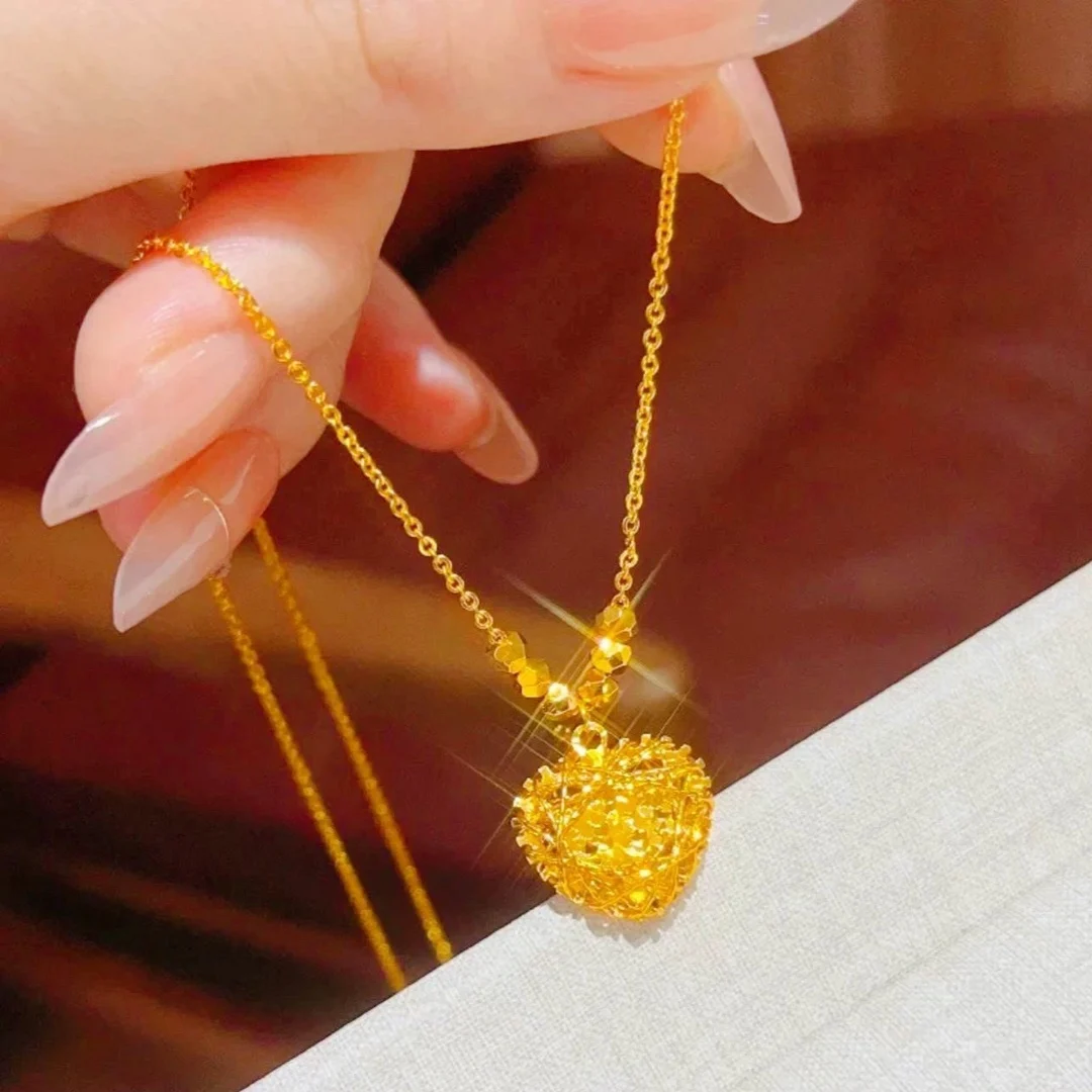 Hollow Heart Clavicle Necklace Women's 24K Gold AU999 - Gold heart necklace with hollow design,eye-catching for dating occasions