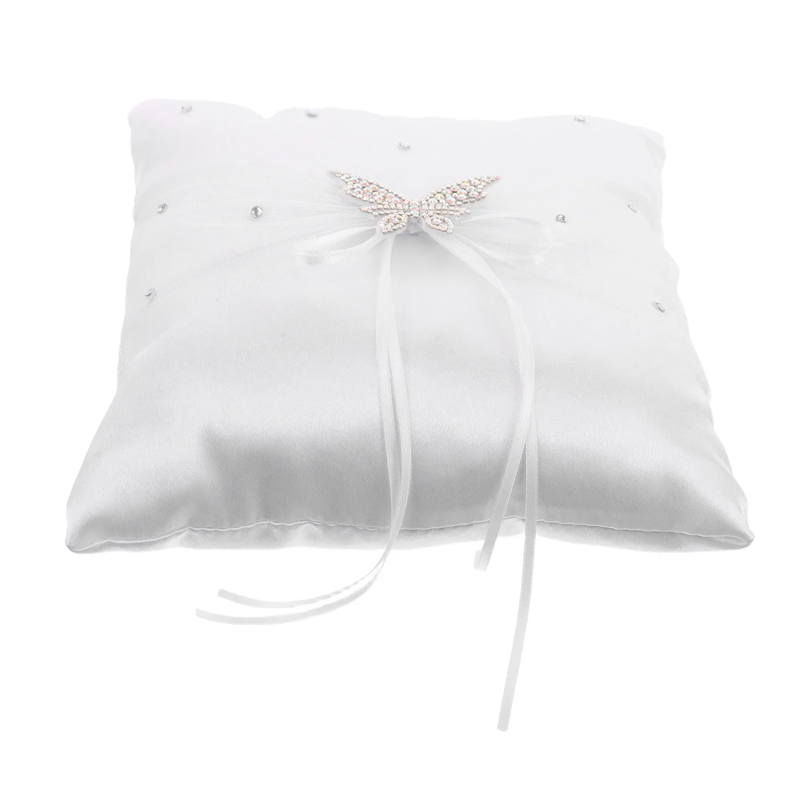 Wedding Ring Pillow White Satin Rhinestone Bow Lace Trim Small Elegant Ring Bearer Cushion Ceremony Prop Church Rustic Decor