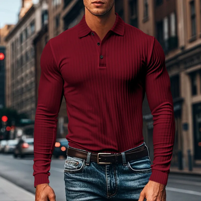 New Men's Polo Shirt Long Sleeve Button-down Solid Color Popular Pullover Knitwear Streetwear Clothing