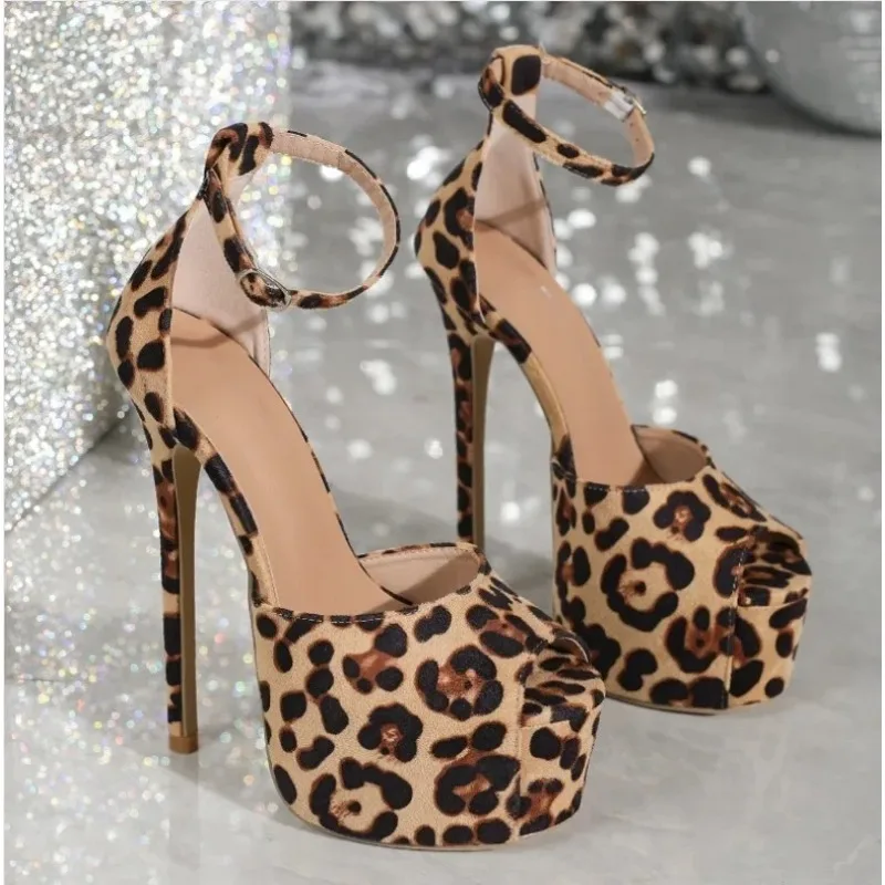 Sandals for Women Platform Party Pumps Flock 16CM Thin Heels Summer Buckle Strap Peep Toe Leopard High HeelsWomen  Sexy