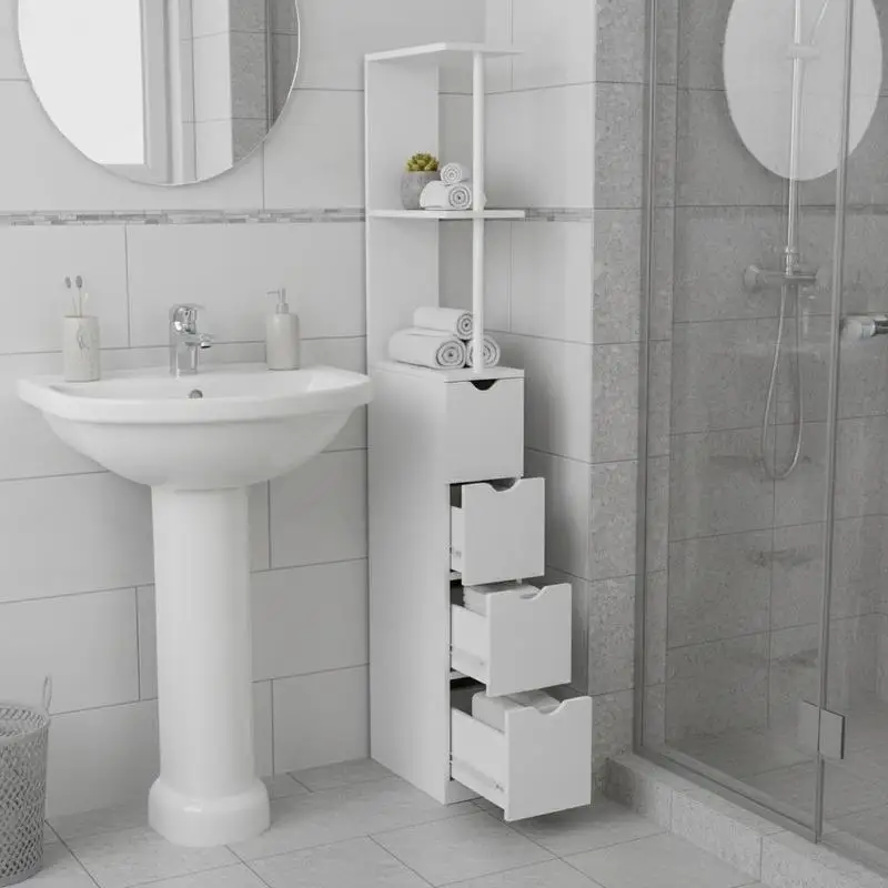 

54" Tall Bathroom Storage Cabinet, Freestanding Linen Tower with 2-Tier Shelf and Drawers, Narrow Side Floor Organizer, White