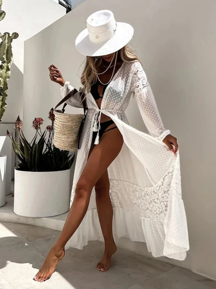 Kimono de playa para mujer, traje de baño de retazos de encaje, blanco y negro, gasa, elegante, con cinturón, 2023