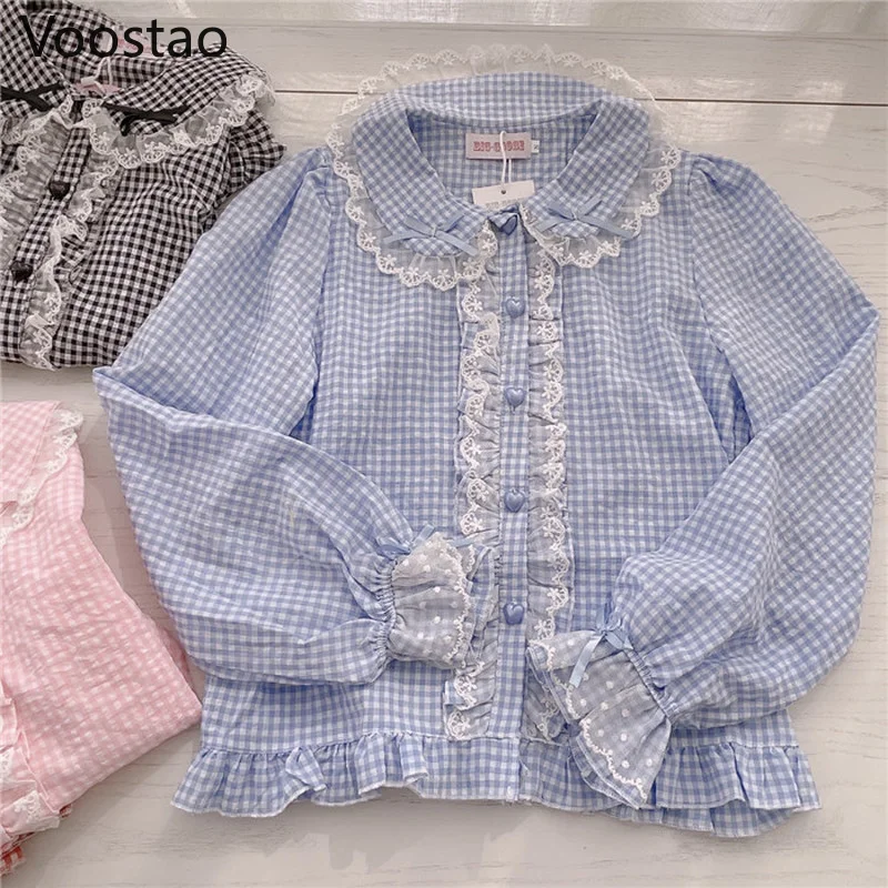 Sweet Lolita Style Blouses Gothic Women Kawaii Bow Lace Ruffles Long Sleeve Plaid JK Shirts Girly Harajuku Y2K Cute Blusas Mujer