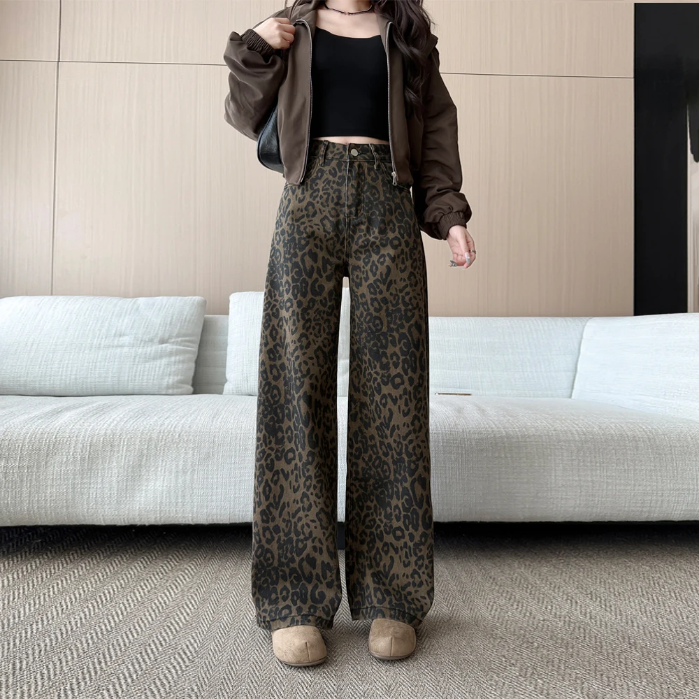 

Autumn Vintage Leopard Jeans Women's Cargo Wide Leg Pants 2025 High Waist Single Button Casual Loose Straight Trousers Female