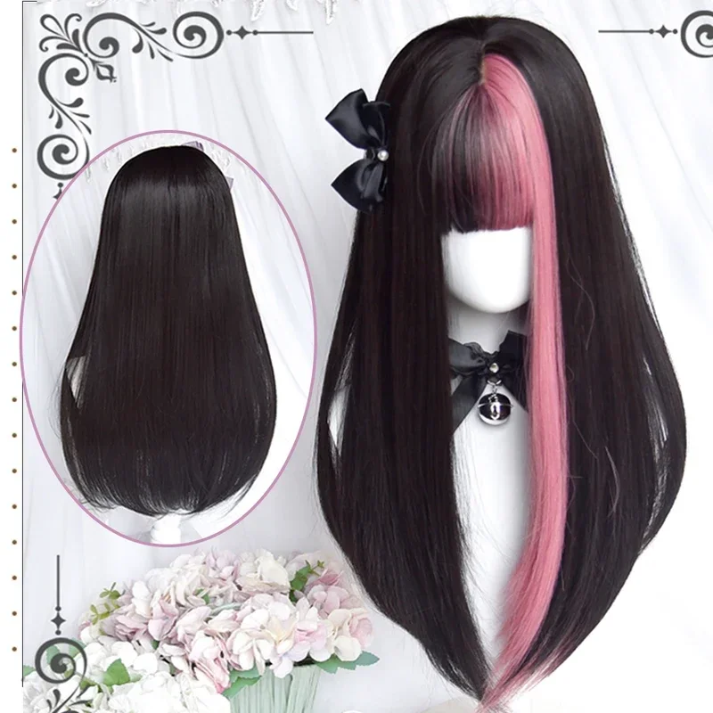 AS Long Black Mixed Synthetic Cosplay Lolita Harajuku Wig With Bangs Natural Wavy Halloween Red Daily Wigs MN1