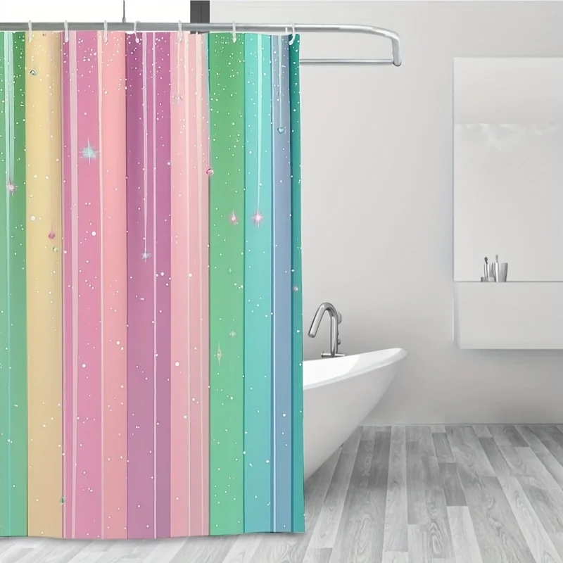 1pc Pastel Glitter Vertical Shower Curtain Rainbow Stripes Sparkle Bathroom Bathtub Window Panel with Hooks Machine Washable