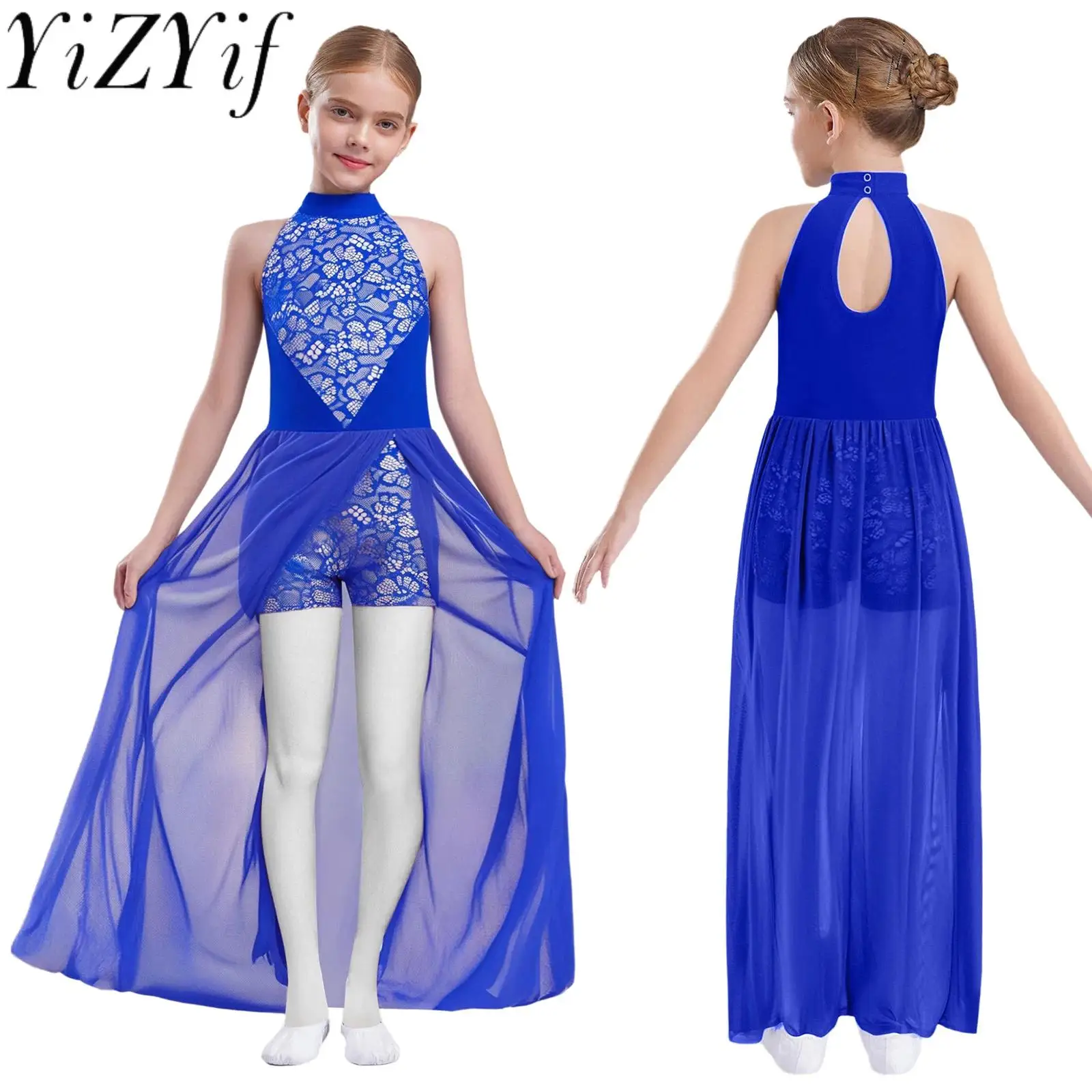 

Kids Girls Lyrical Floral Lace Ballroom Ballet Waltz Dance Performance Leotards with Mesh Skirt Modern Dance Competitions Outfit
