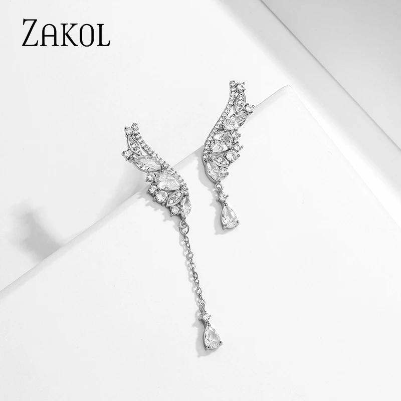 ZAKOL Personality Asymmetrical Wings Earrings for Women Fashion Green Cubic Zirconia Drop Earring Female Party Jewelry EP5424