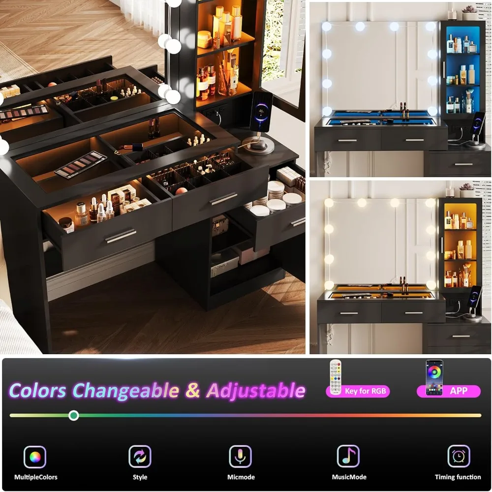 Glass Top Vanity with Mirror and Lights, Black Makeup Vanity Desk with Charging Station, Vanity Table Set with RGB Lights,