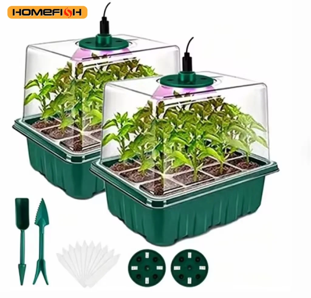 Home Seed Starter Tray with Grow Light 2 Seed Germination Kits Dome Adjustable Humidity Seedling Tray for Gardening