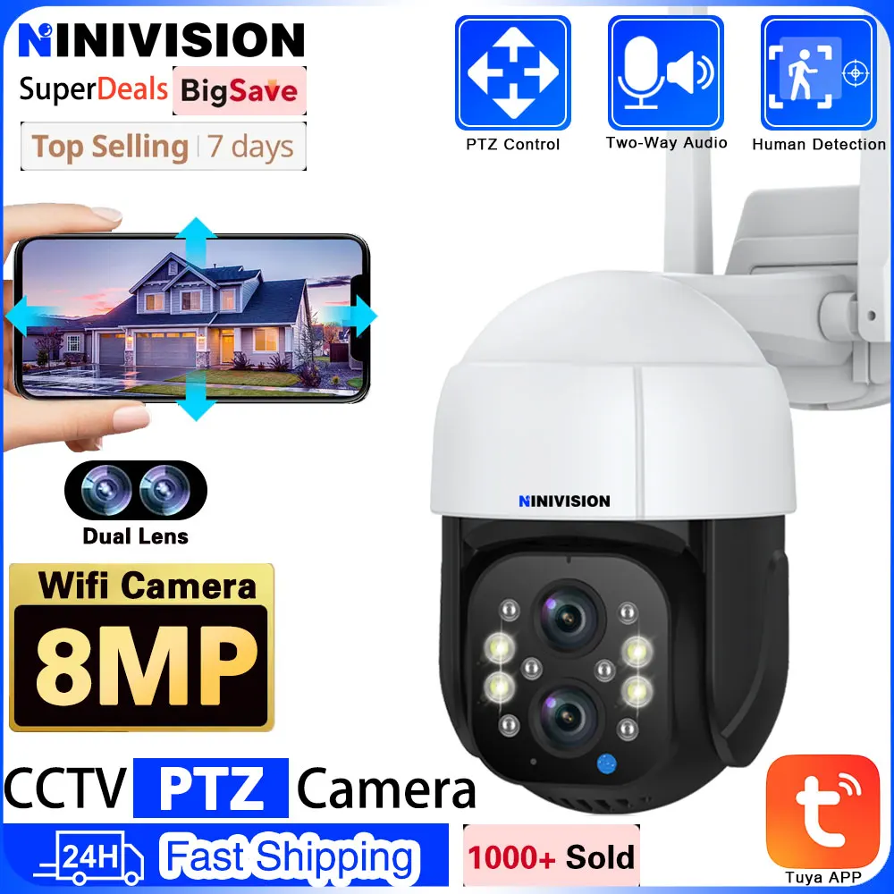 8MP 4K PTZ WiFi IP Wireless Camera Tuya Smart Outdoor Home Security Dual Lens Auto Tracking 4MP Camera CCTV Video Surveillance