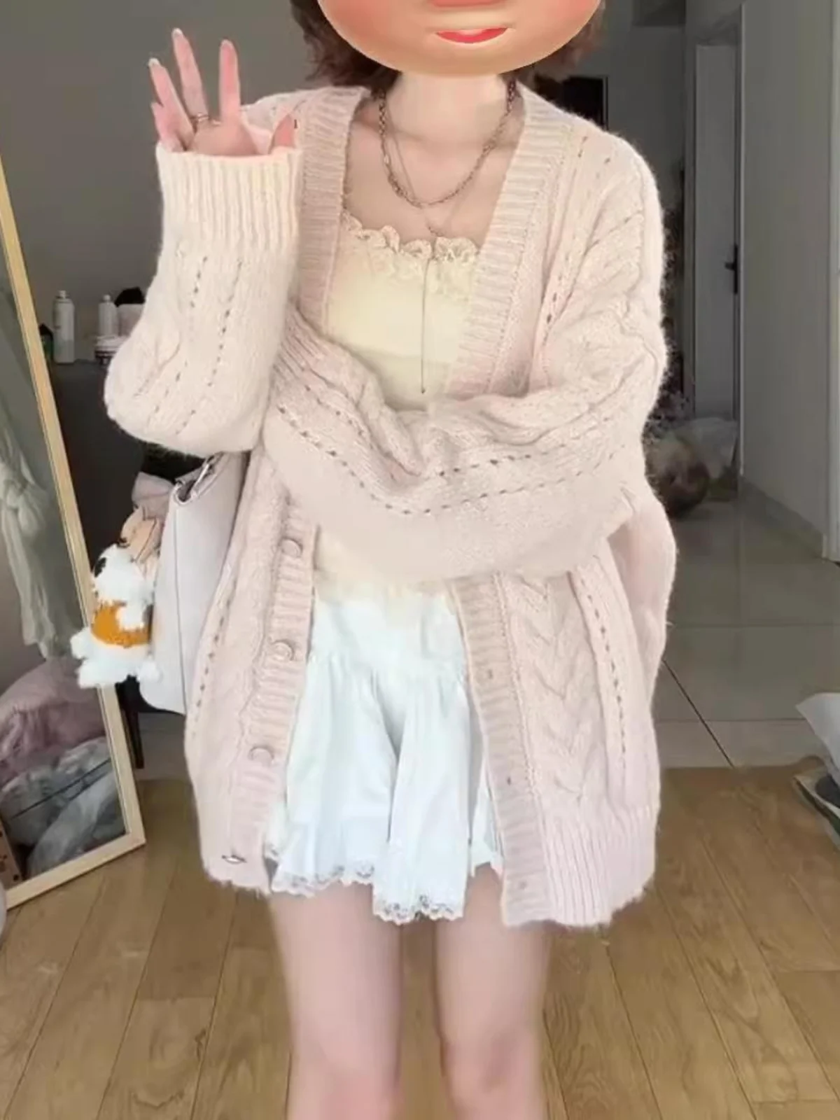 

Sweet Preppy Sle V-Ne Knitted Open Cardigan Loose Midi Length Women's Outerwear Spring Autumn Loose Feel Good Coat