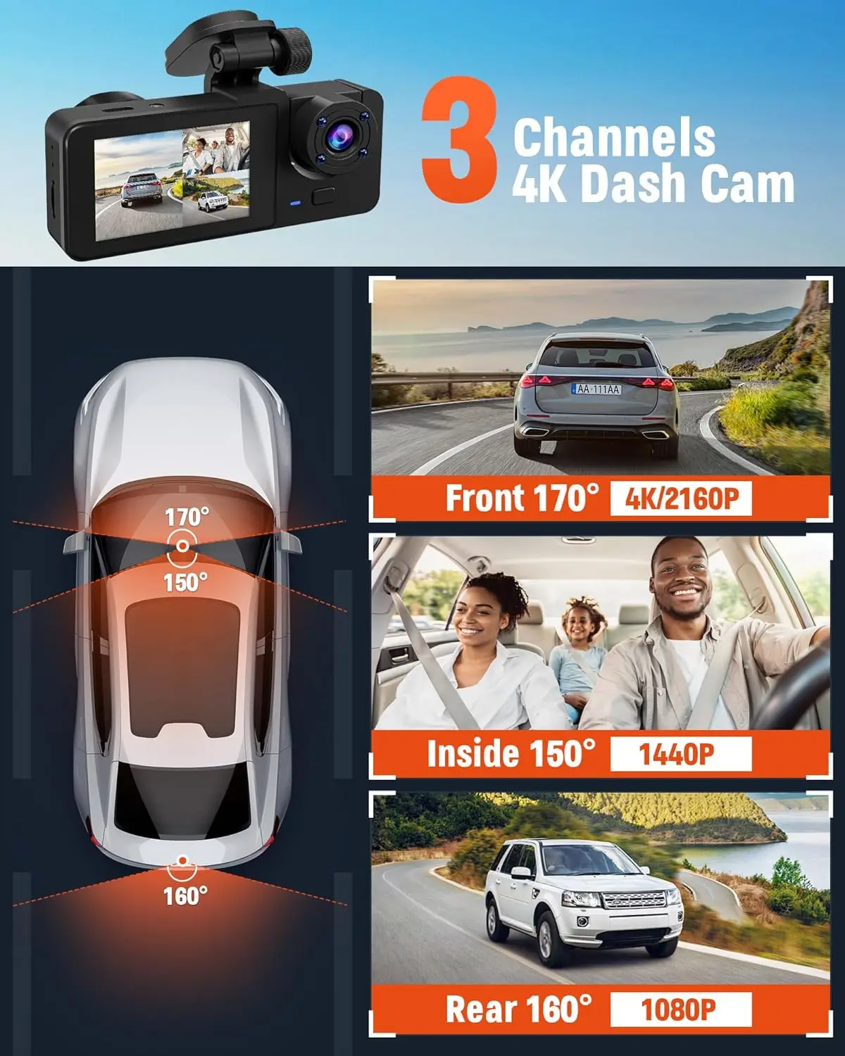 3 Channel Dash Cam Front and Rear Inside, 4K Full UHD Dash Camera for Cars,Car Camera Built-in 32GB Card,WDR,G-Sensor,2.0''IPS H