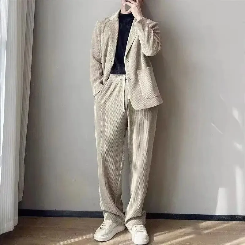 Autumn Winter Men Corduroy Suit 2 Piece Set, Minimalist Fashion Loose Blazer Jacket, Casual Business Daily Versatile Outfit