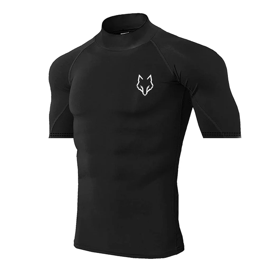 Men'S Black High-Neck Compression Shirt - Long Sleeve Workout Top with Wolf Logo for Gym, Running & Bodybuilding - Moisture Wick