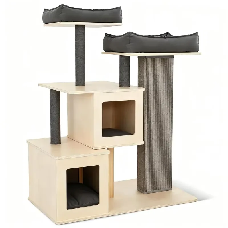 Modern Luxury Sisal & Wood Cat Climbing Frame Cat Tree with Bed Rest Platform Tree Hole Privacy & Large Space-OEM