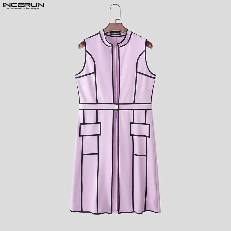 

INCERUN Men Vests Patchwork Stand Collar Sleeveless Open Stitch Male Waistcoats Streetwear Color-block Casual Long Style Vests