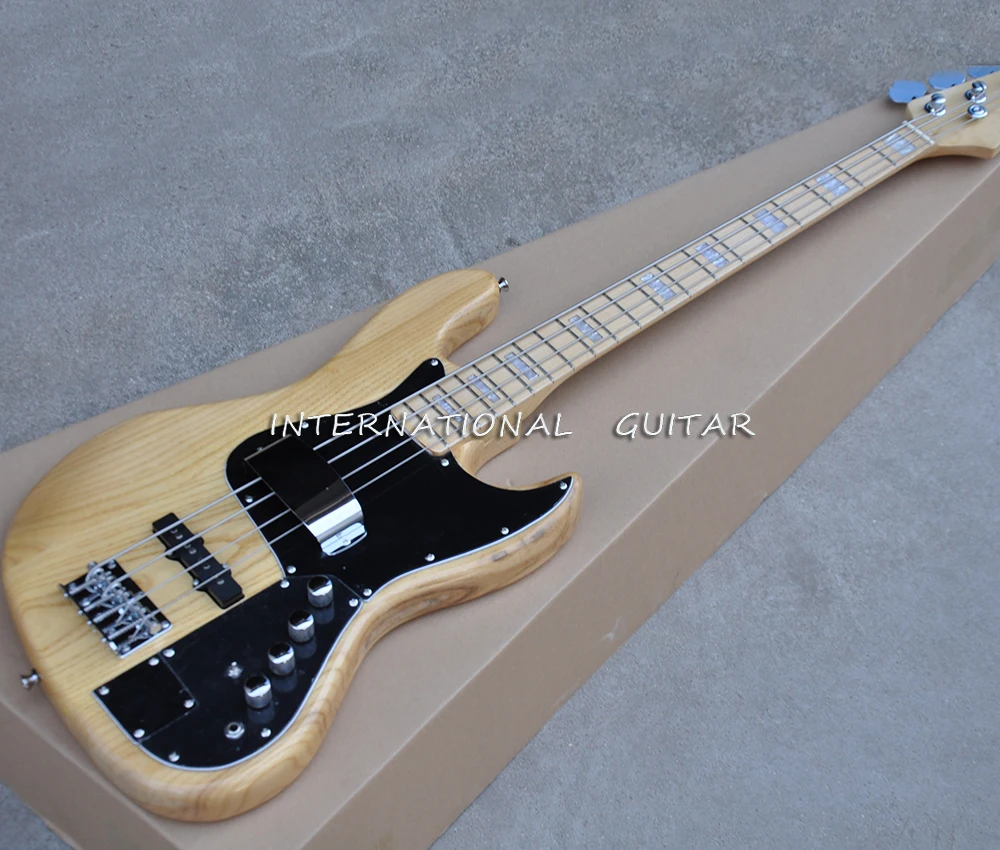 Natural Wood Color 4 Strings Ash Electric Bass Guitar with Active Circuit,Maple Fretboard,White Pearl Inlay,Customizable