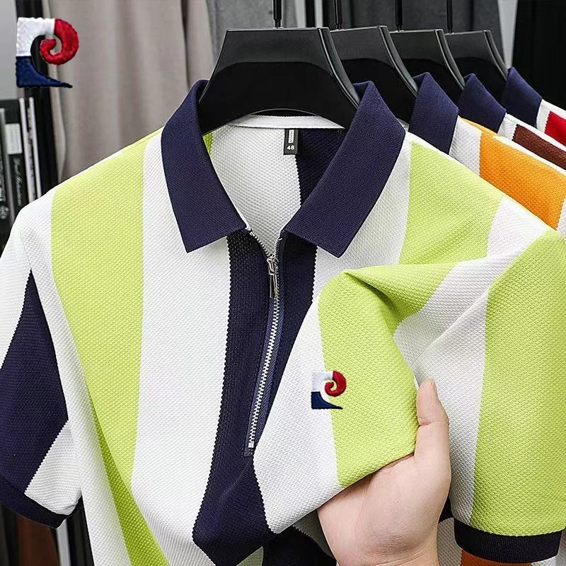 New men's high-quality striped knitted short sleeved polo shirt for summer fashion, casual, soft and breathable top