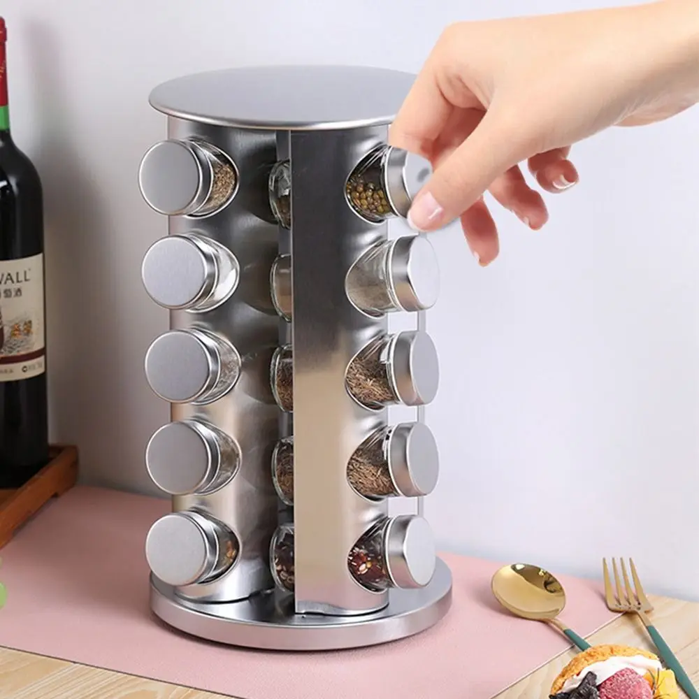 Stainless Steel Rotating Spice Rack Compact Design Round Spice Organizer Set 12/16/20 Glass Jars Sturdy Seasoning Storage Device